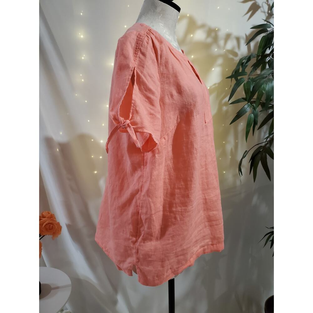Talbots Linen Slit Tie Short Sleeve Notch Neck Blouse Top Size LP Coral Pink - Picture 4 of 10